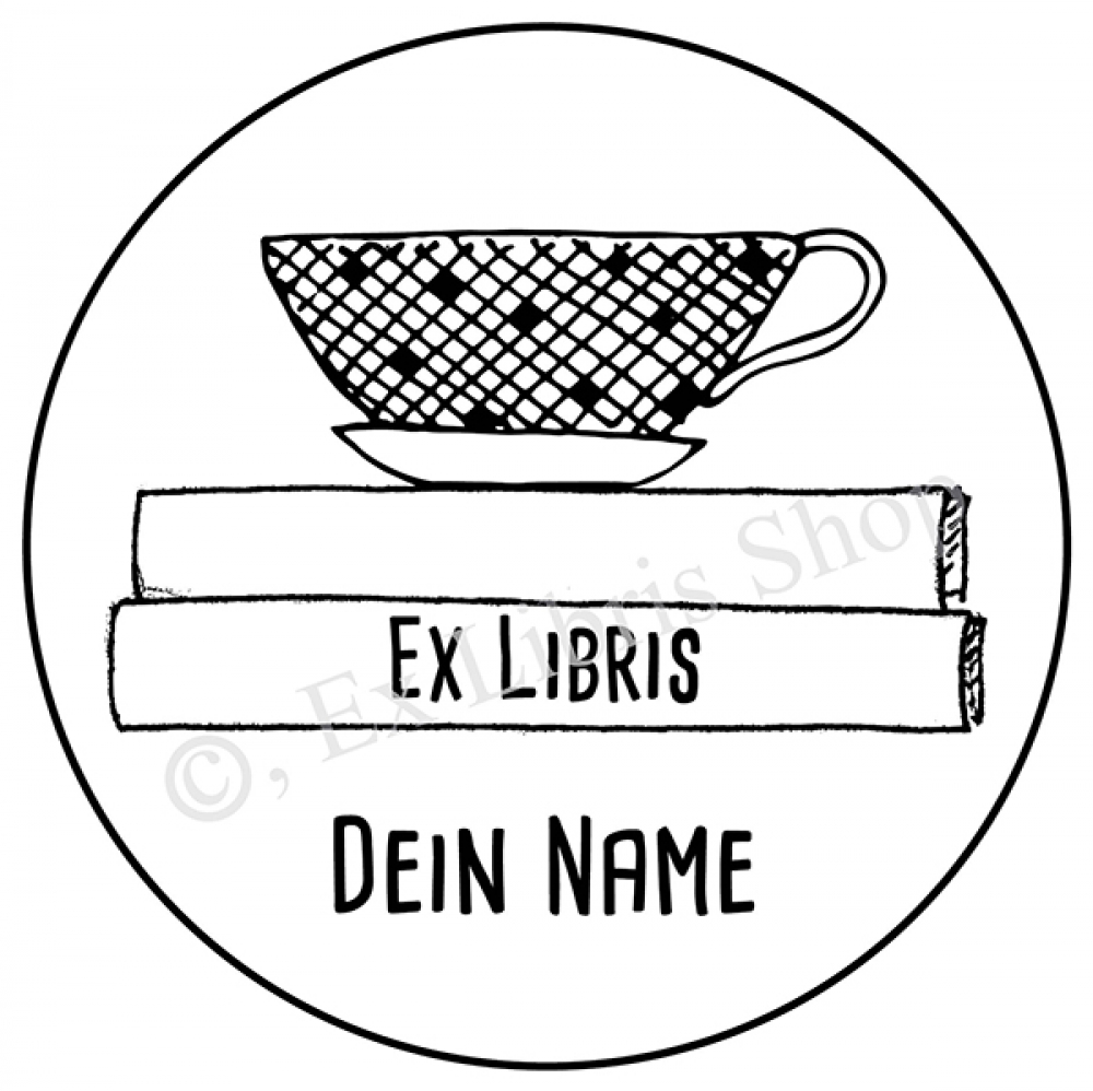 Exlibris round stamp •Books and tea cup•