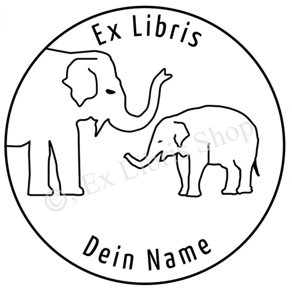 Exlibris round stamp •Two elephants•
